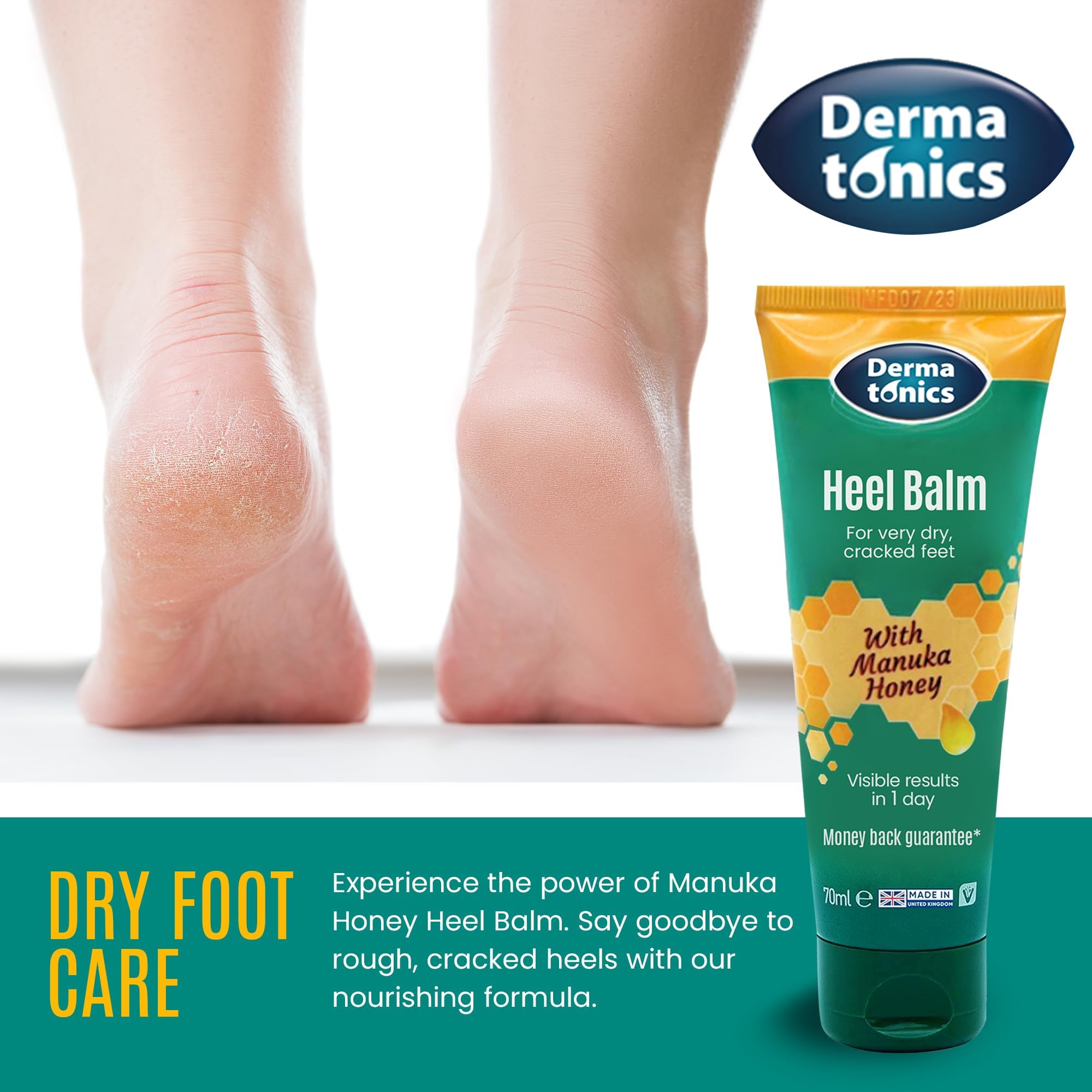 Dermatonics Manuka Honey Heel Cream label close-up highlights Manuka honey benefits.