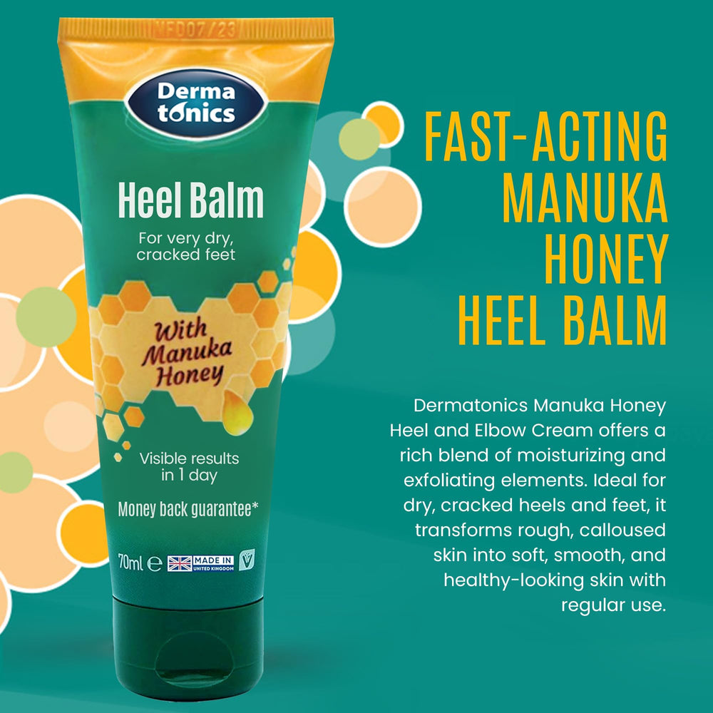 Dermatonics Manuka Honey Heel Cream texture swatch shows rich, non-greasy hydration.