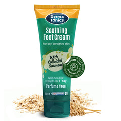 Dermatonics soothing foot cream tube front ideal for dry, cracked heels.