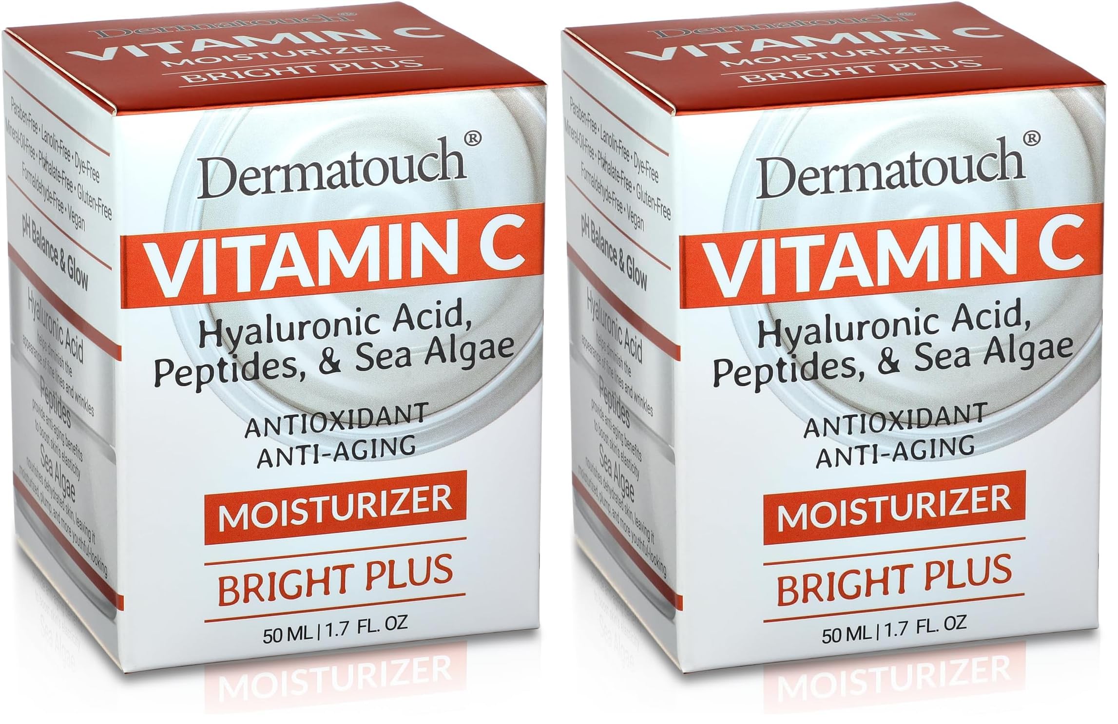 DERMATOUCH Vitamin C Moisturizer bottle closeup highlights intense hydration for radiant skin.