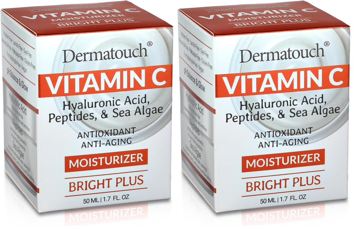 DERMATOUCH Vitamin C Moisturizer bottle closeup highlights intense hydration for radiant skin.