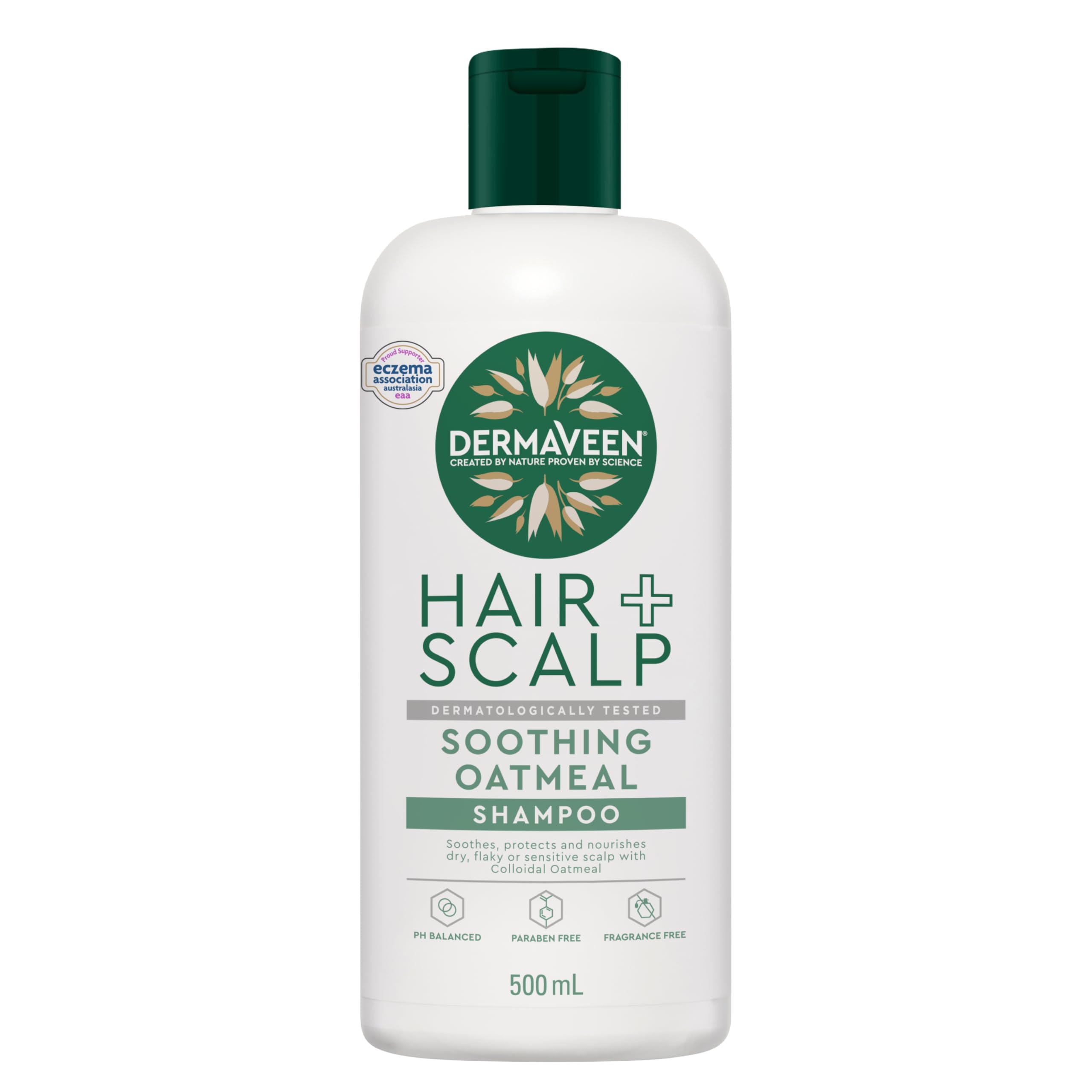 Dermaveen Oatmeal Shampoo 500ml bottle on bathroom shelf for daily scalp care.