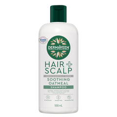 Dermaveen Oatmeal Shampoo 500ml bottle on bathroom shelf for daily scalp care.