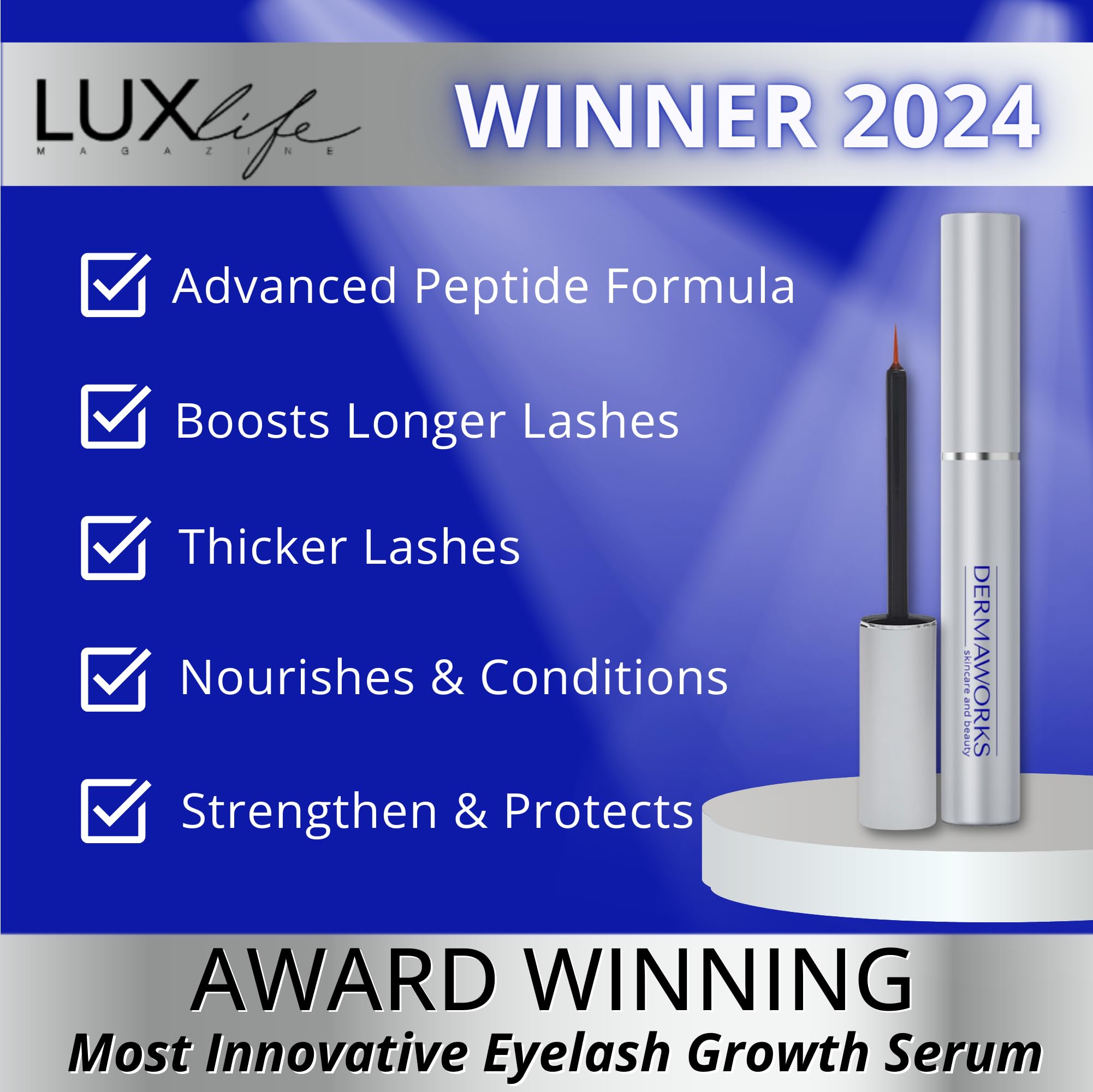 Dermaworks Spectaculash lash serum close-up showing slim wand for easy application.