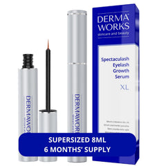 Dermaworks Spectaculash XL bottle close-up shows elegant lash serum packaging for easy nightly care at home.