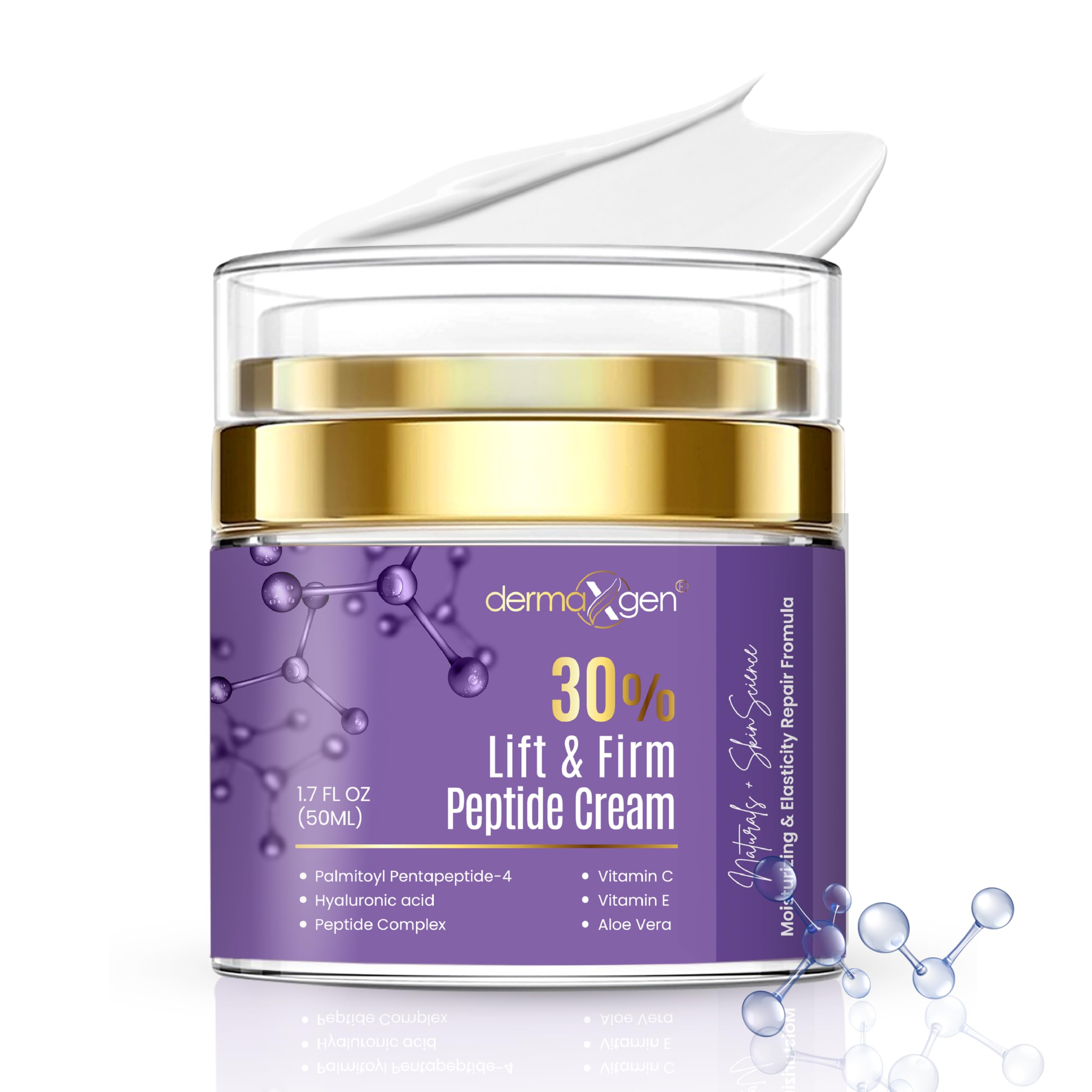 Dermaxgen Lift & Firm peptide cream bottle showcases premium packaging for daily firming hydration.