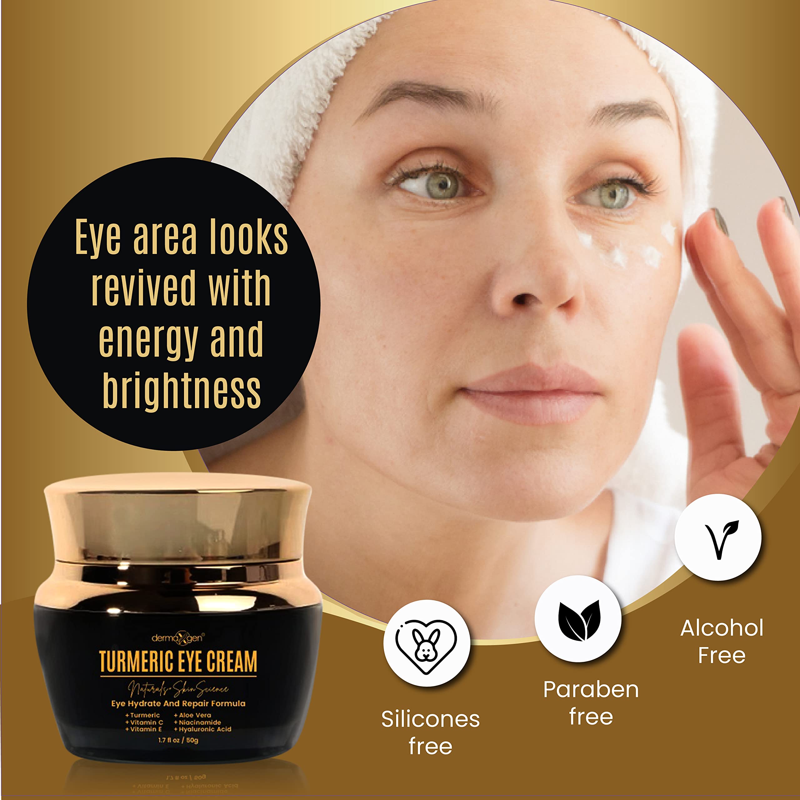 DERMAXGEN brightening under-eye area demonstration with subtle glow and even skin tone
