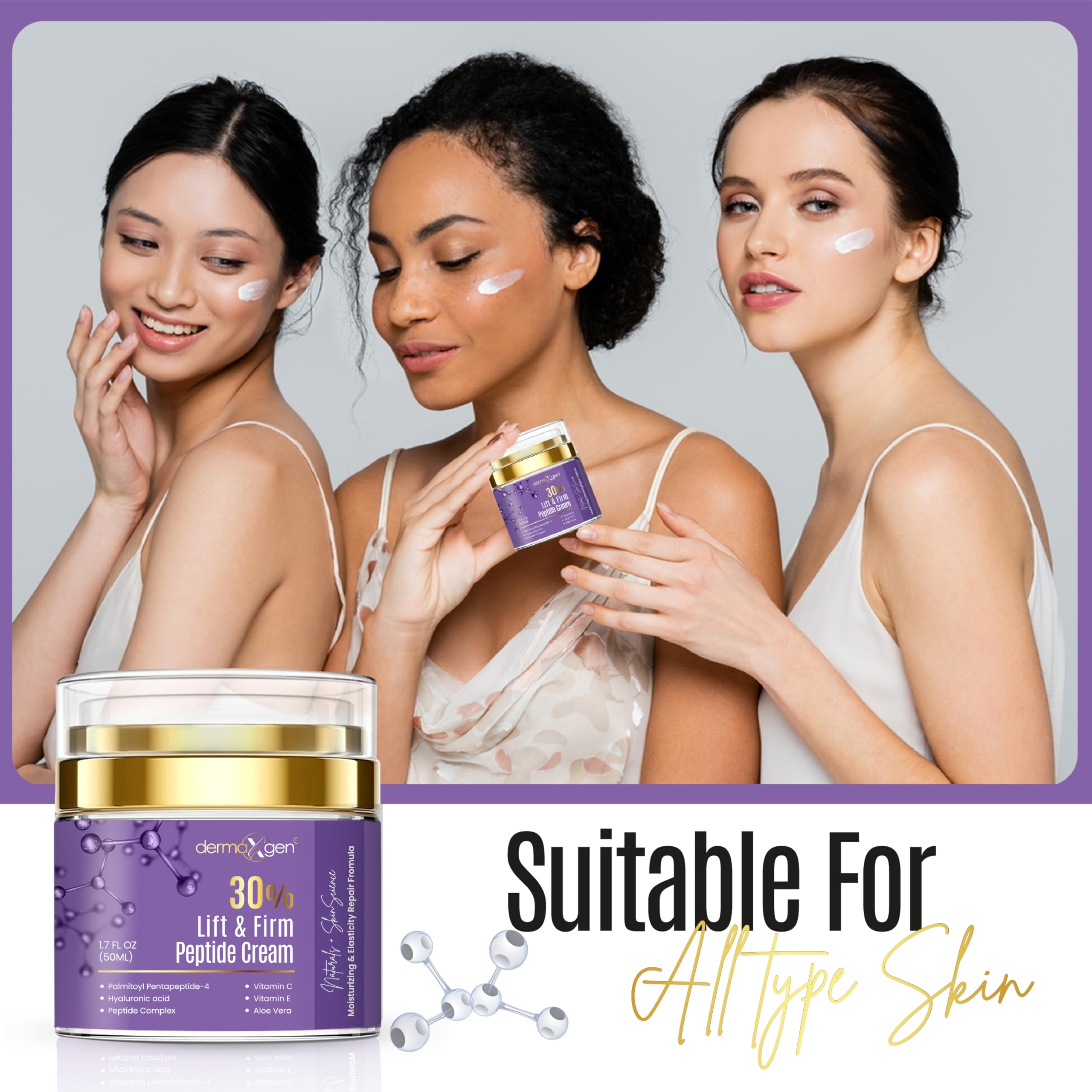 Dermaxgen peptide blend leaves a silky finish as it absorbs quickly.