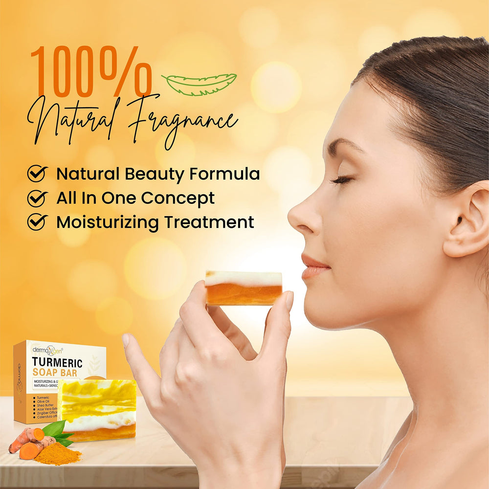 DERMAXGEN turmeric soap bar prepared for use on face and body with gentle cleansing.