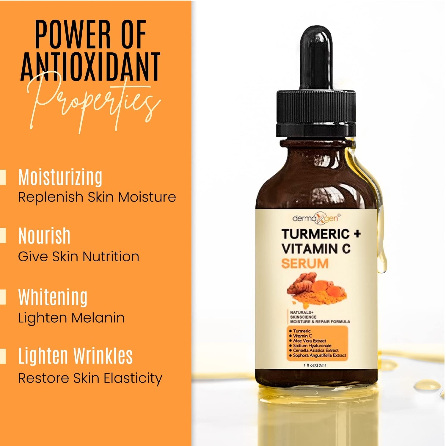 DERMAXGEN Turmeric + Vitamin C Serum label detail signals organic ingredients and premium quality