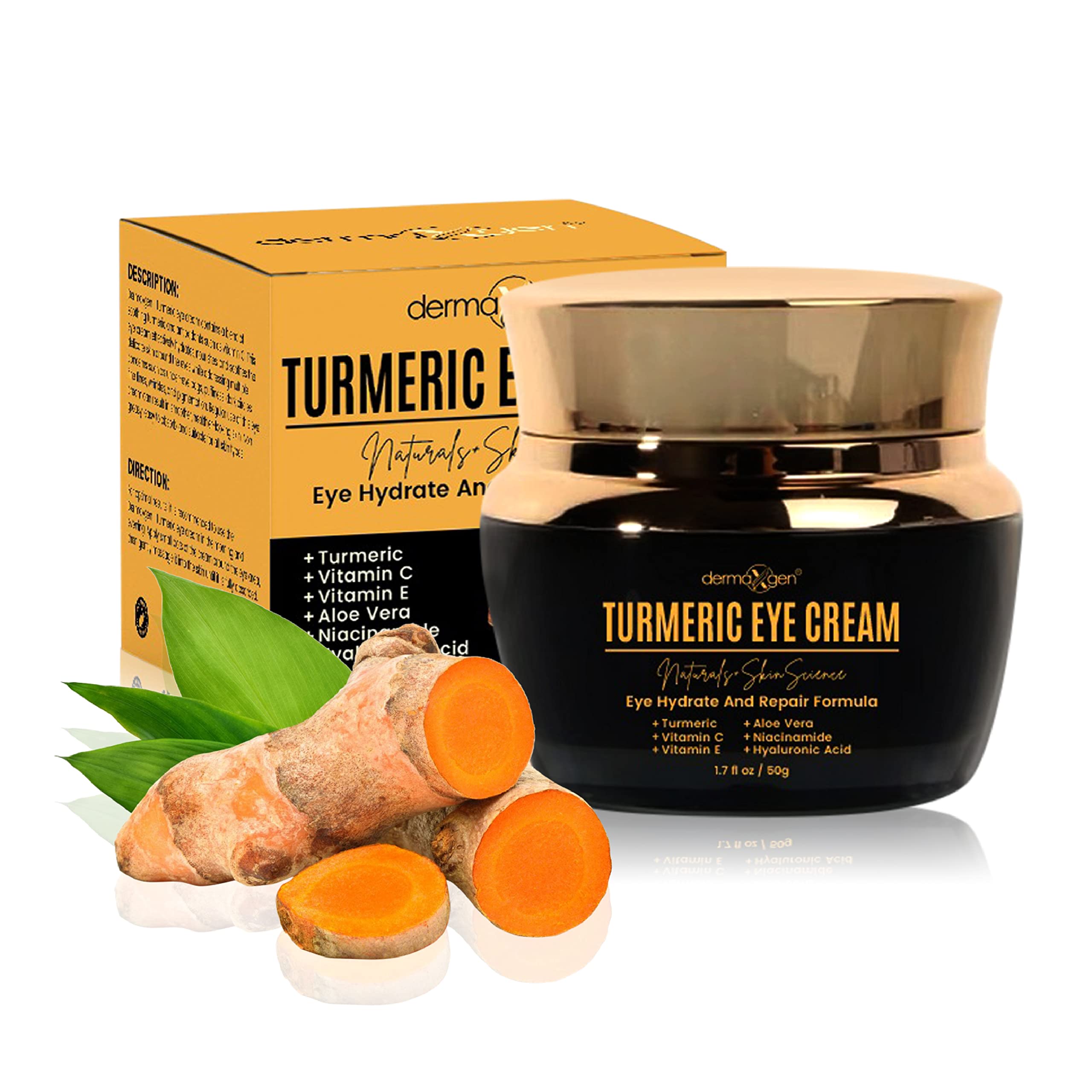 DERMAXGEN vitamin C + turmeric eye cream jar close-up showing hydrating under-eye care