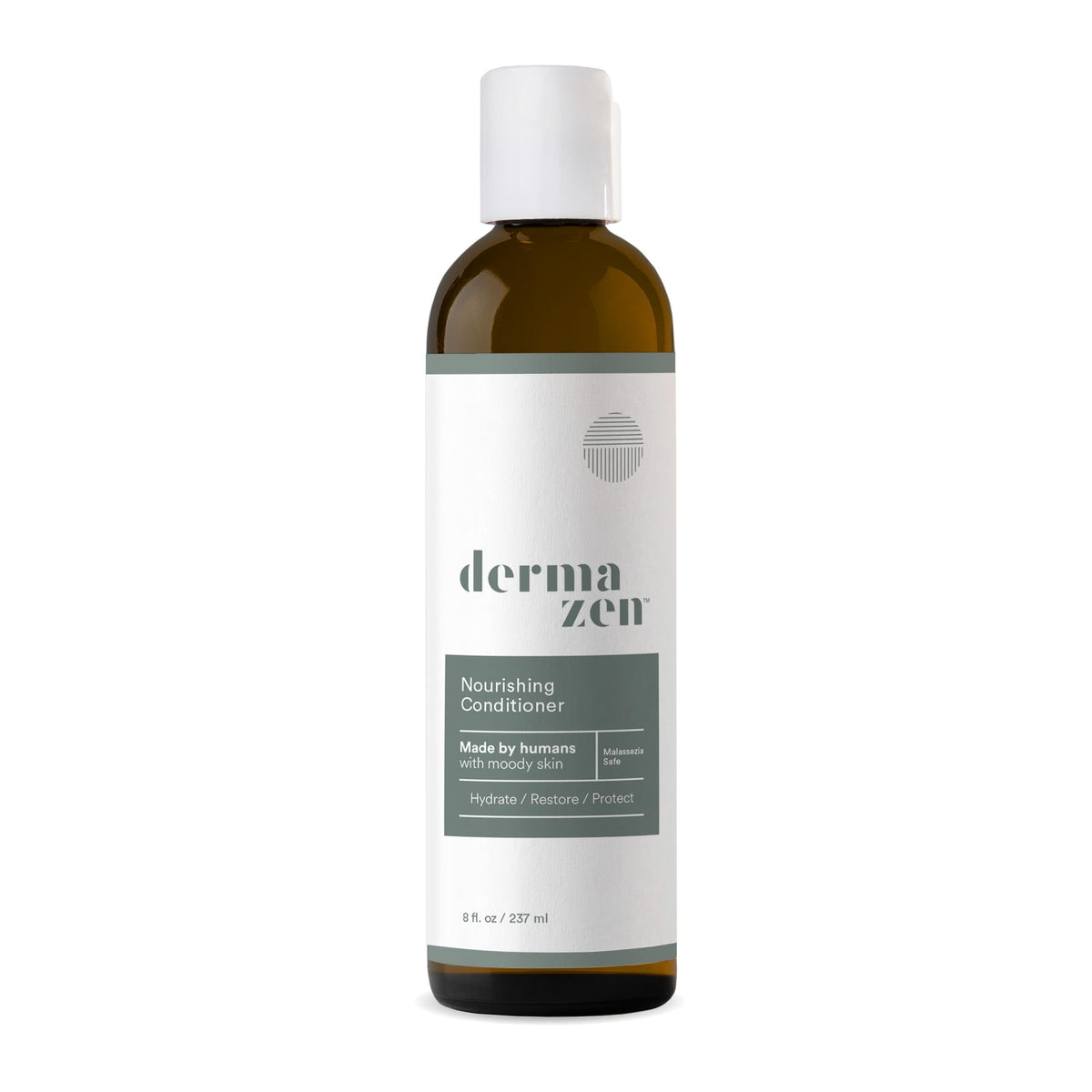 Dermazen Nourishing Conditioner bottle showing frizz-free shine for all hair types.