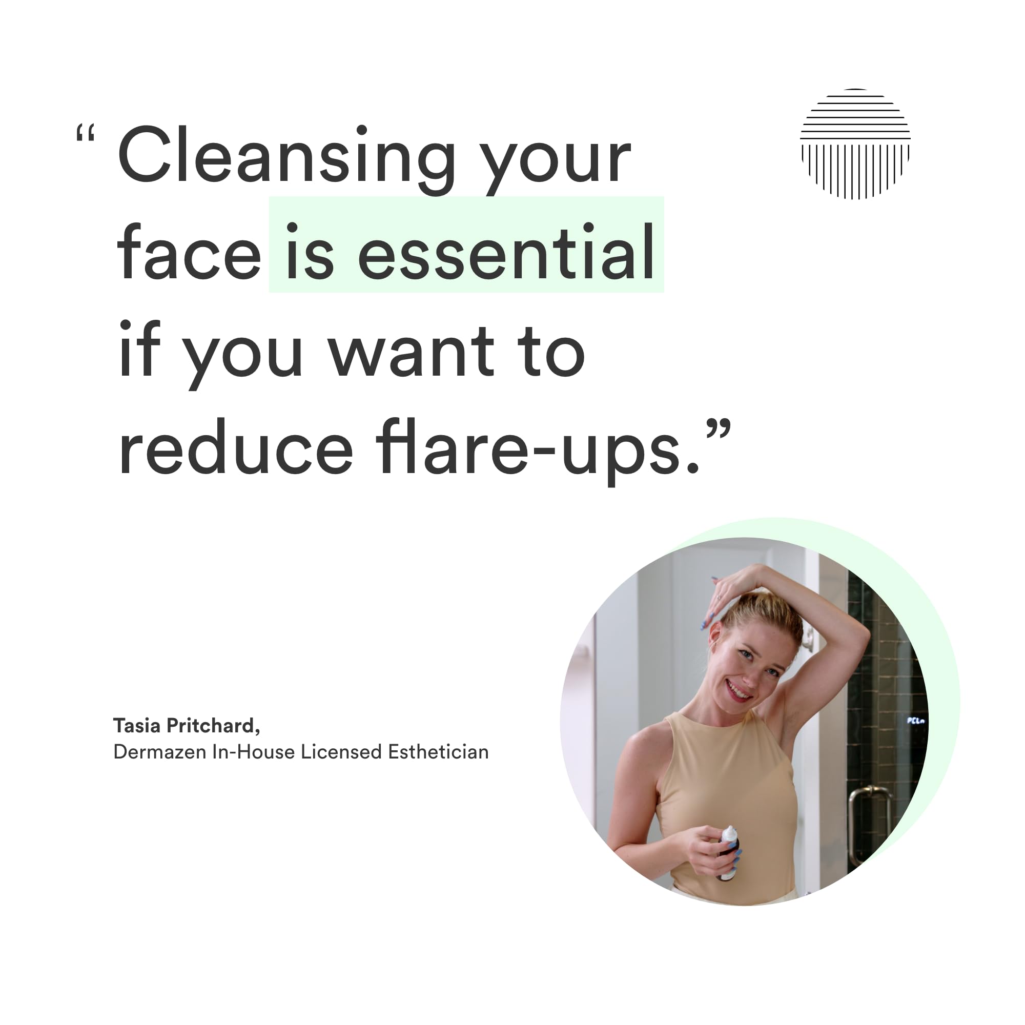 Dermazen Purifying Facial Cleanser bathroom shelf scene communicates minimalist, fragrance-free care.