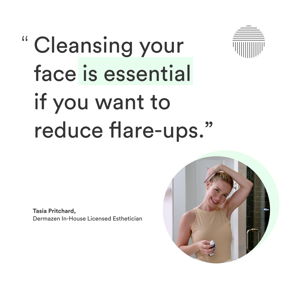 Dermazen Purifying Facial Cleanser bathroom shelf scene communicates minimalist, fragrance-free care.
