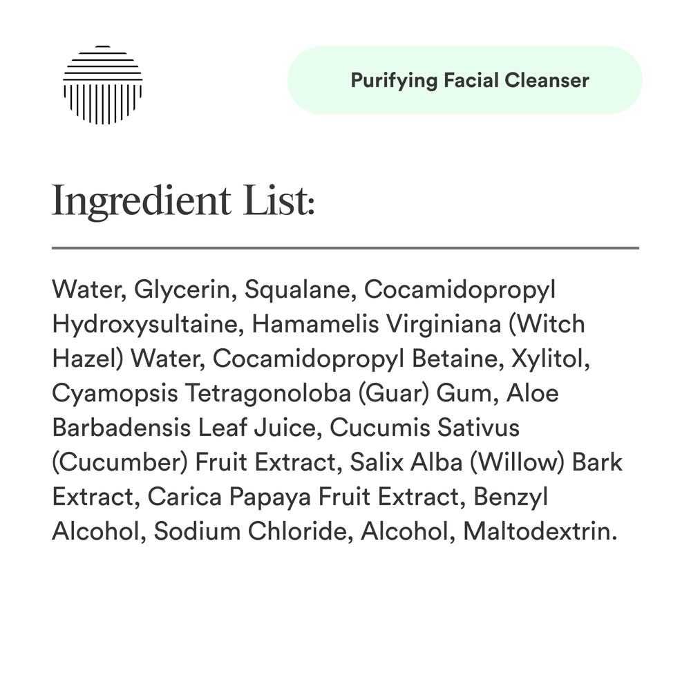 Dermazen Purifying Facial Cleanser label close-up highlighting minimal ingredients.