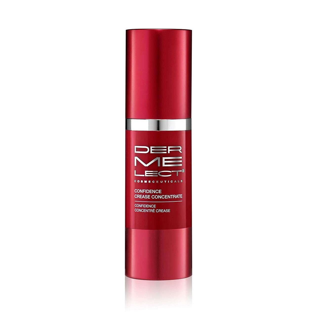 Dermelect ConfidenceCrease Concentrate bottle angled to reveal sleek, premium design