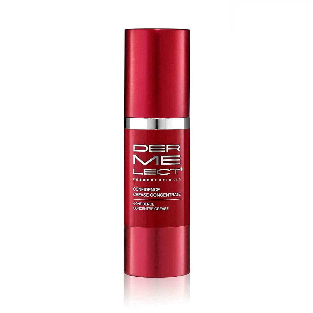Dermelect ConfidenceCrease Concentrate bottle angled to reveal sleek, premium design