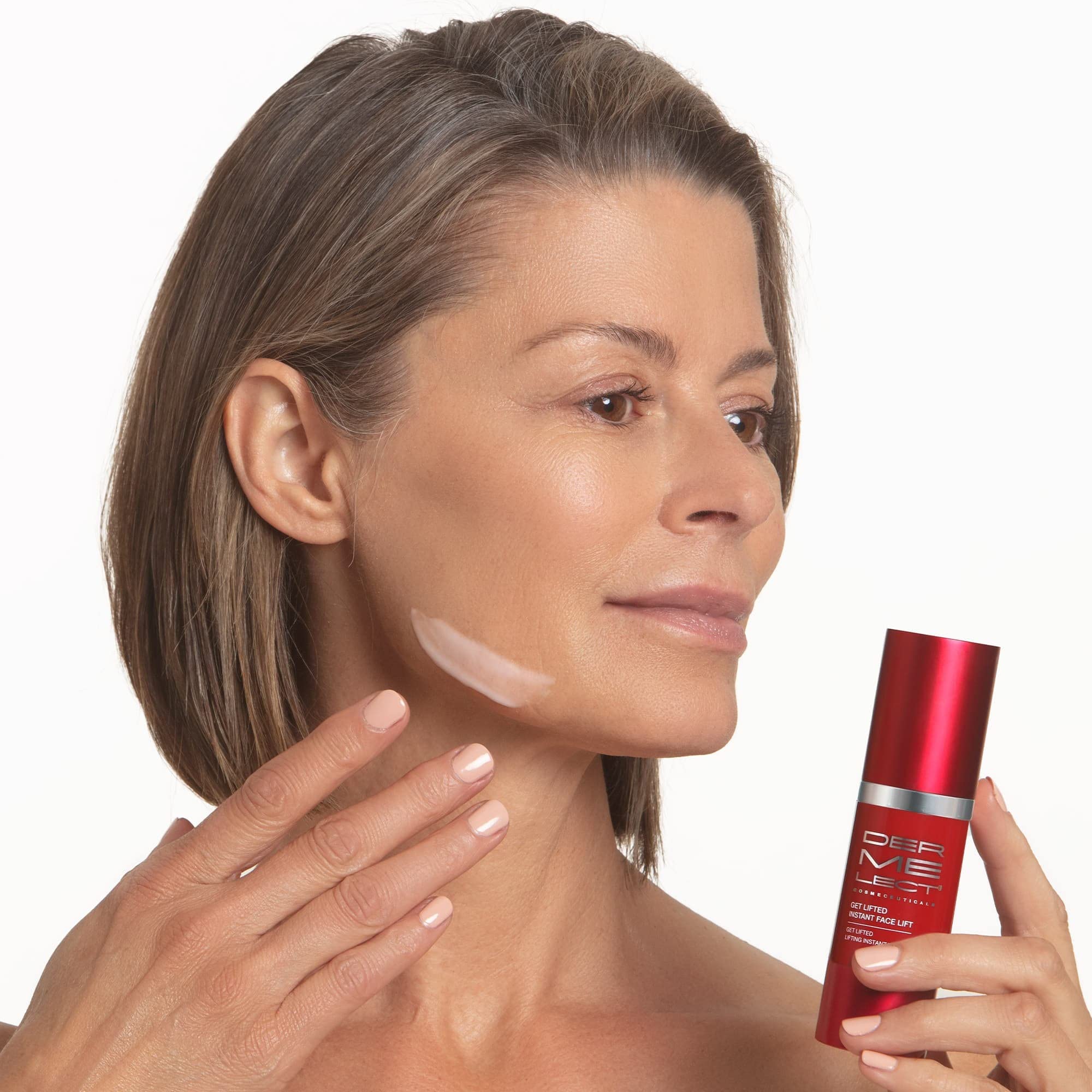 Dermelect Get Lifted hydration glow across cheeks and jawline for a dewy look.
