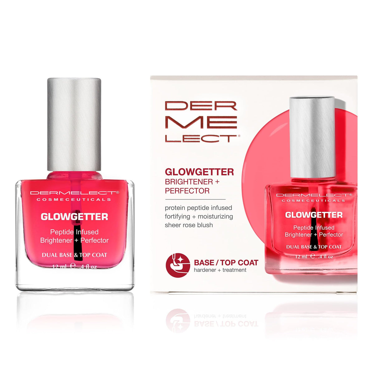 Dermelect Glowgetter Brightener bottle shows a glossy base coat for instant shine