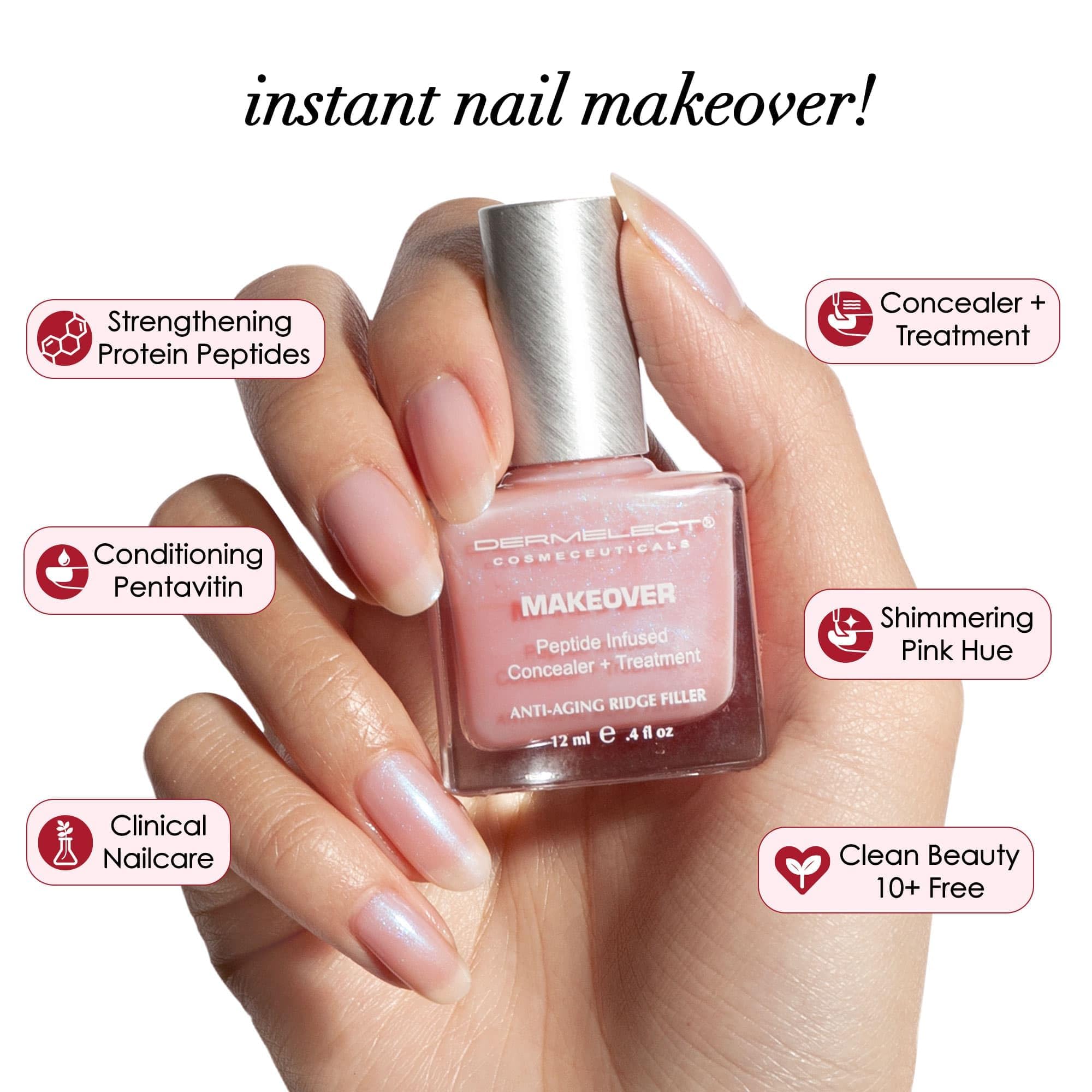 Pink shimmering ridge filler camouflaging nail ridges and discoloration.
