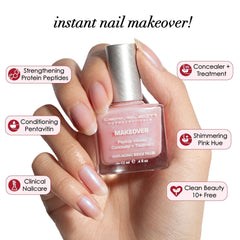 Pink shimmering ridge filler camouflaging nail ridges and discoloration.