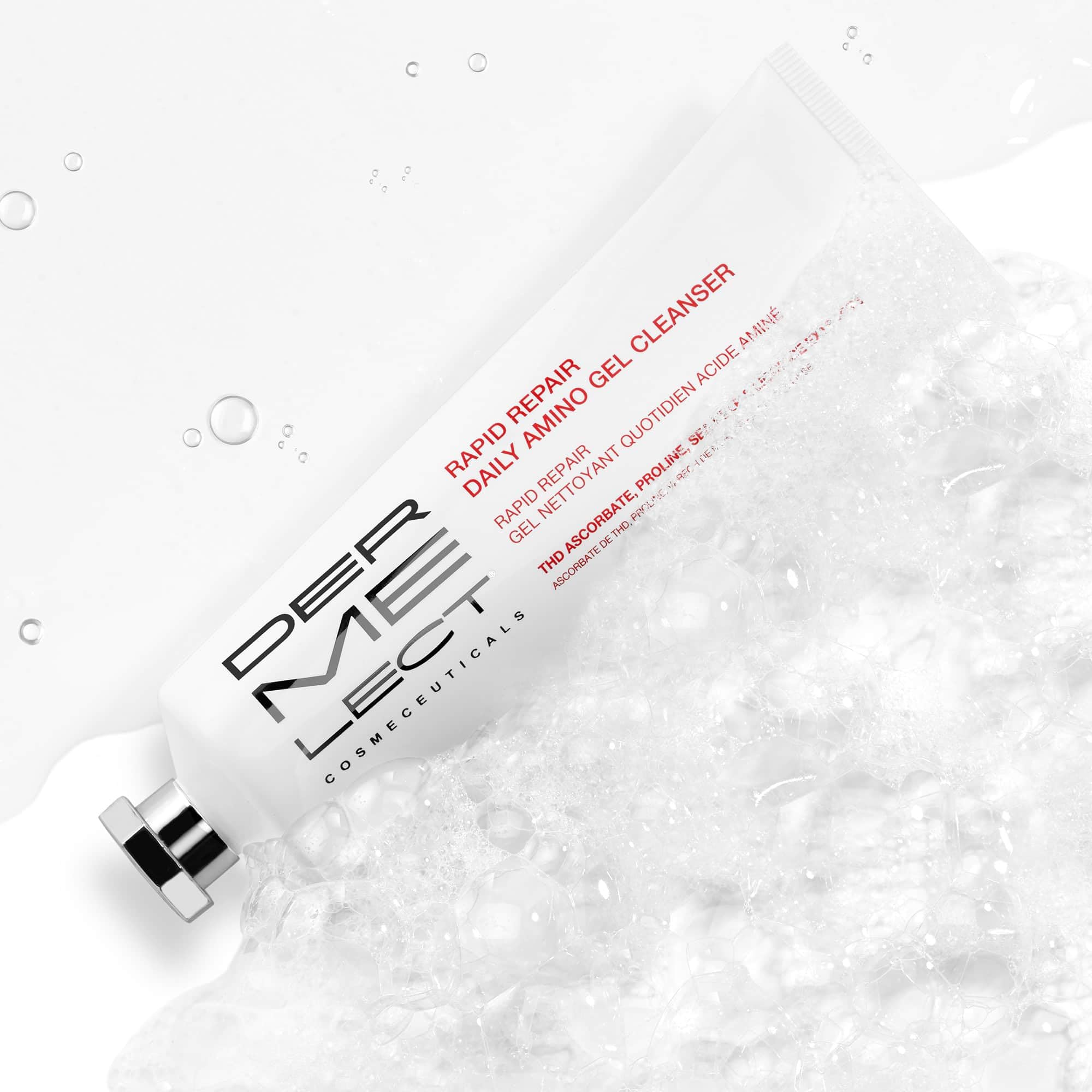 Dermelect Rapid Repair Cleanser bottle back view emphasizes sulfate-free formula for sensitive skin