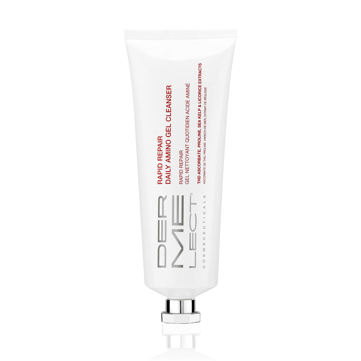 Dermelect Rapid Repair Daily Amino Gel Cleanser bottle pour highlights gentle hydration for a clean start