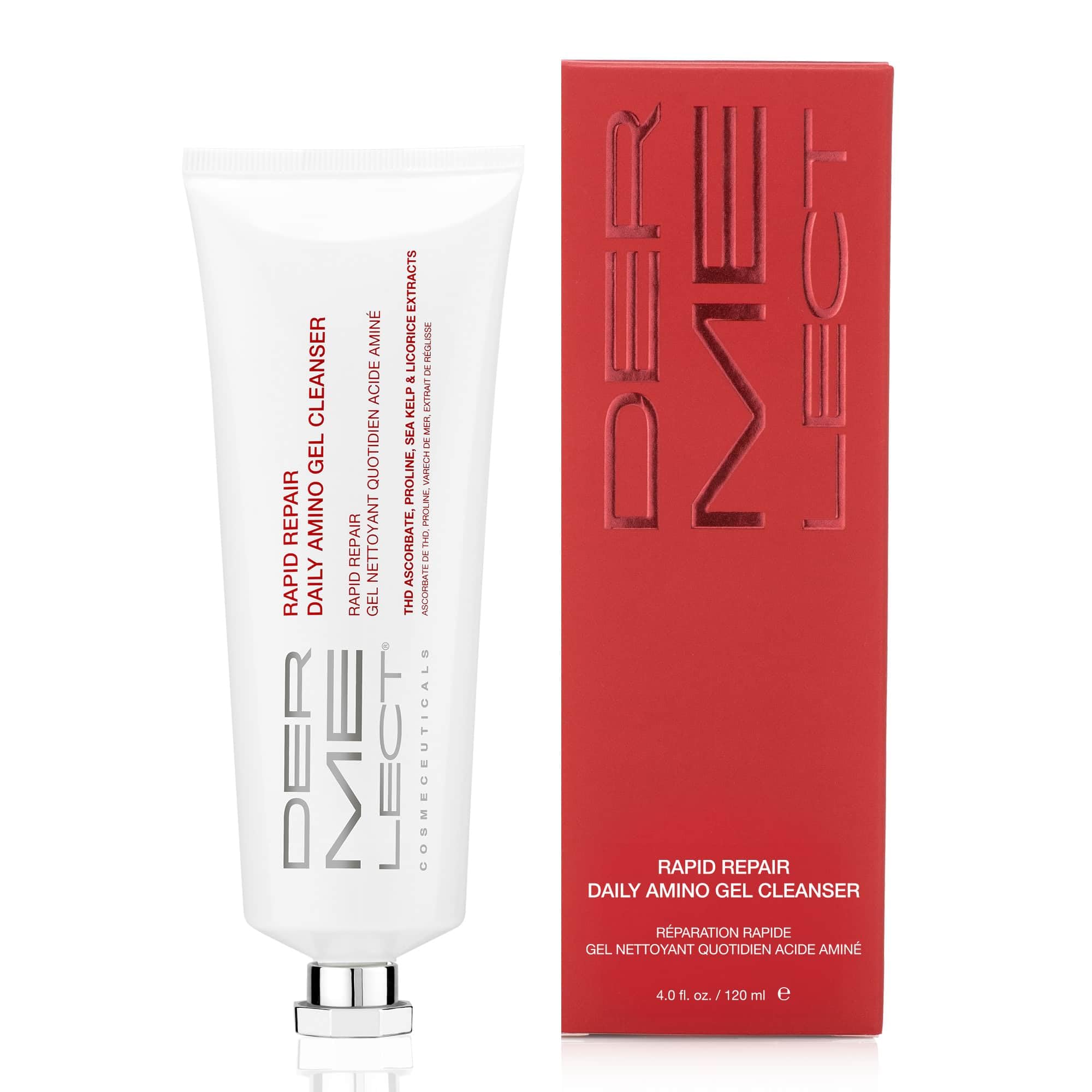 Dermelect Rapid Repair Cleanser packaging display underscores fragrance-free and pH-balanced formula