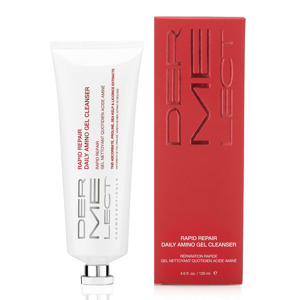 Dermelect Rapid Repair Cleanser packaging display underscores fragrance-free and pH-balanced formula