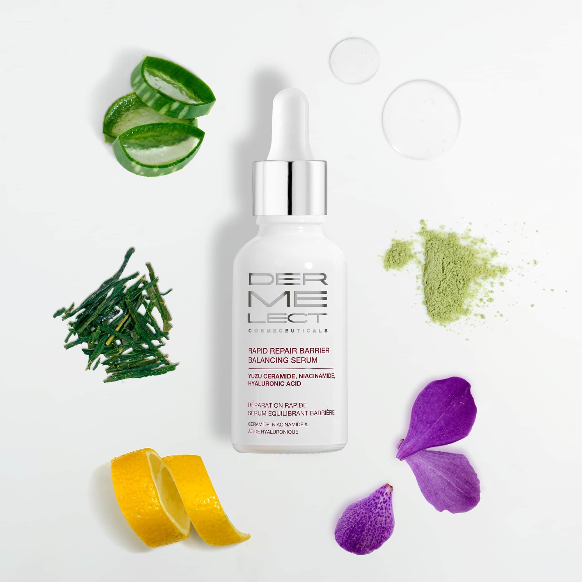 Dermelect Rapid Repair Serum close-up on skin shows hydration and glow.