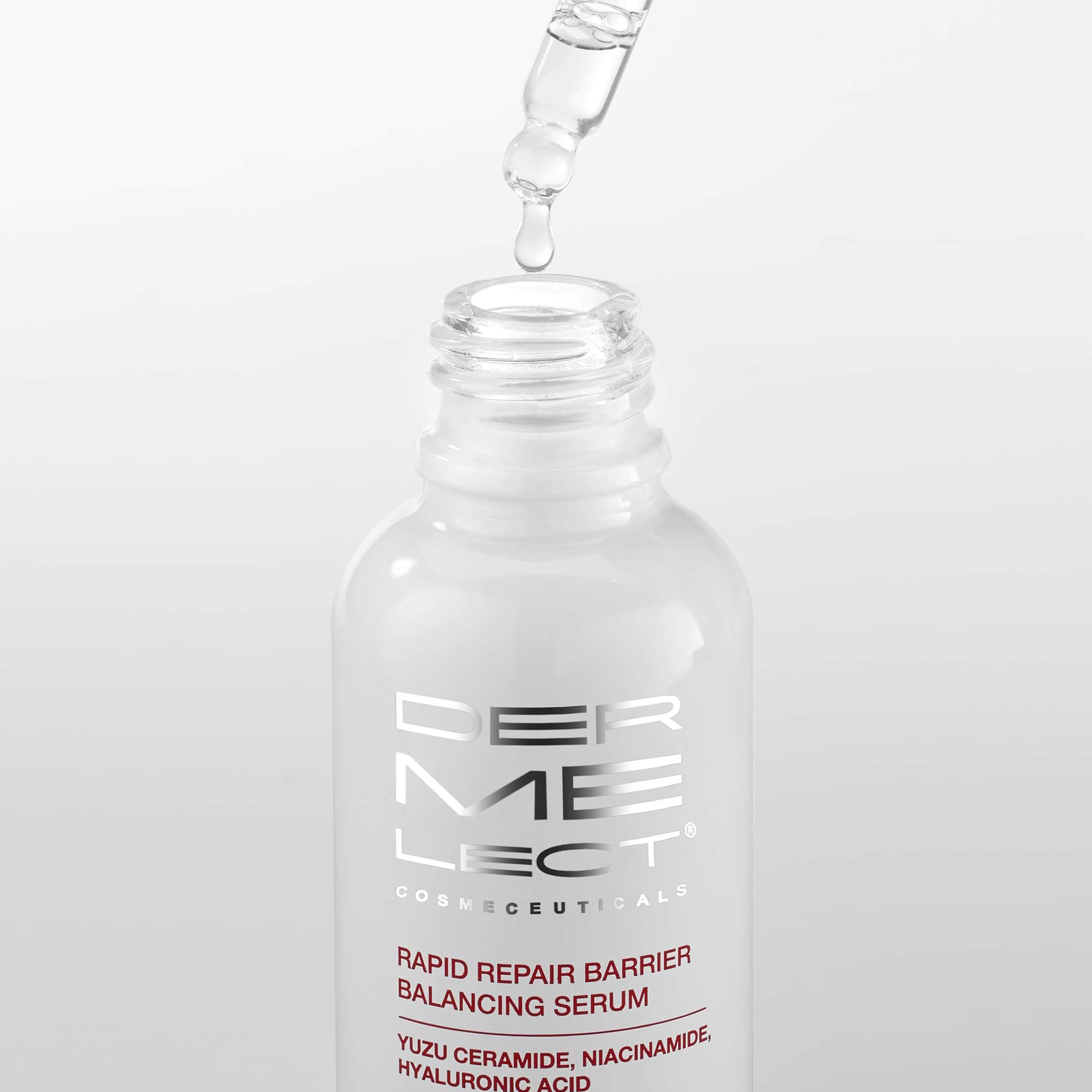 Dermelect Rapid Repair Serum ingredients panel features niacinamide and hyaluronic acid.