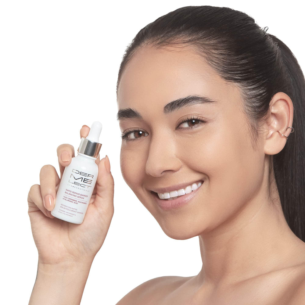 Dermelect Rapid Repair Serum texture swirl highlights lightweight, moisturizing feel.