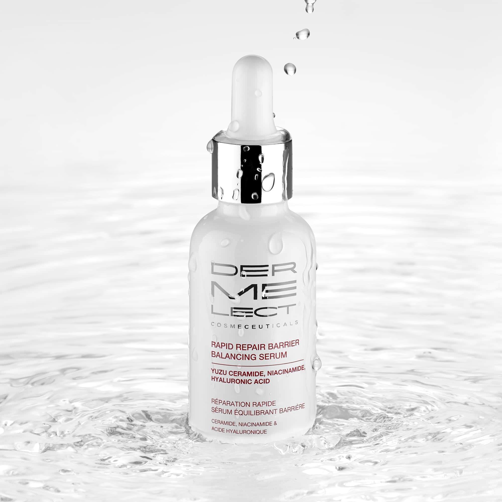 Dermelect Rapid Repair Serum bottle highlights yuzu ceramide and prebiotic benefits.