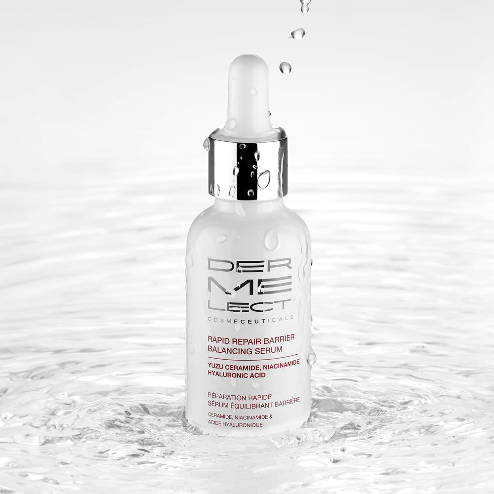 Dermelect Rapid Repair Serum bottle highlights yuzu ceramide and prebiotic benefits.