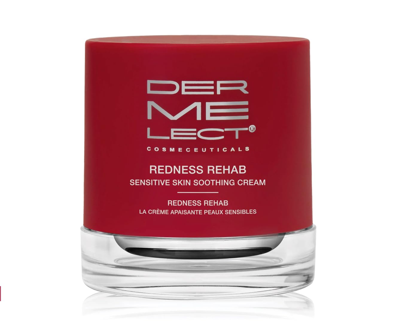 Dermelect Redness Rehab face cream jar demonstrates soothing, hydrating protection for sensitive skin.