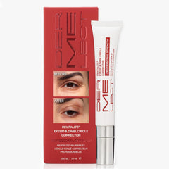 Dermelect Revitalite eye cream tube gliding onto the under-eye area for refreshed comfort.