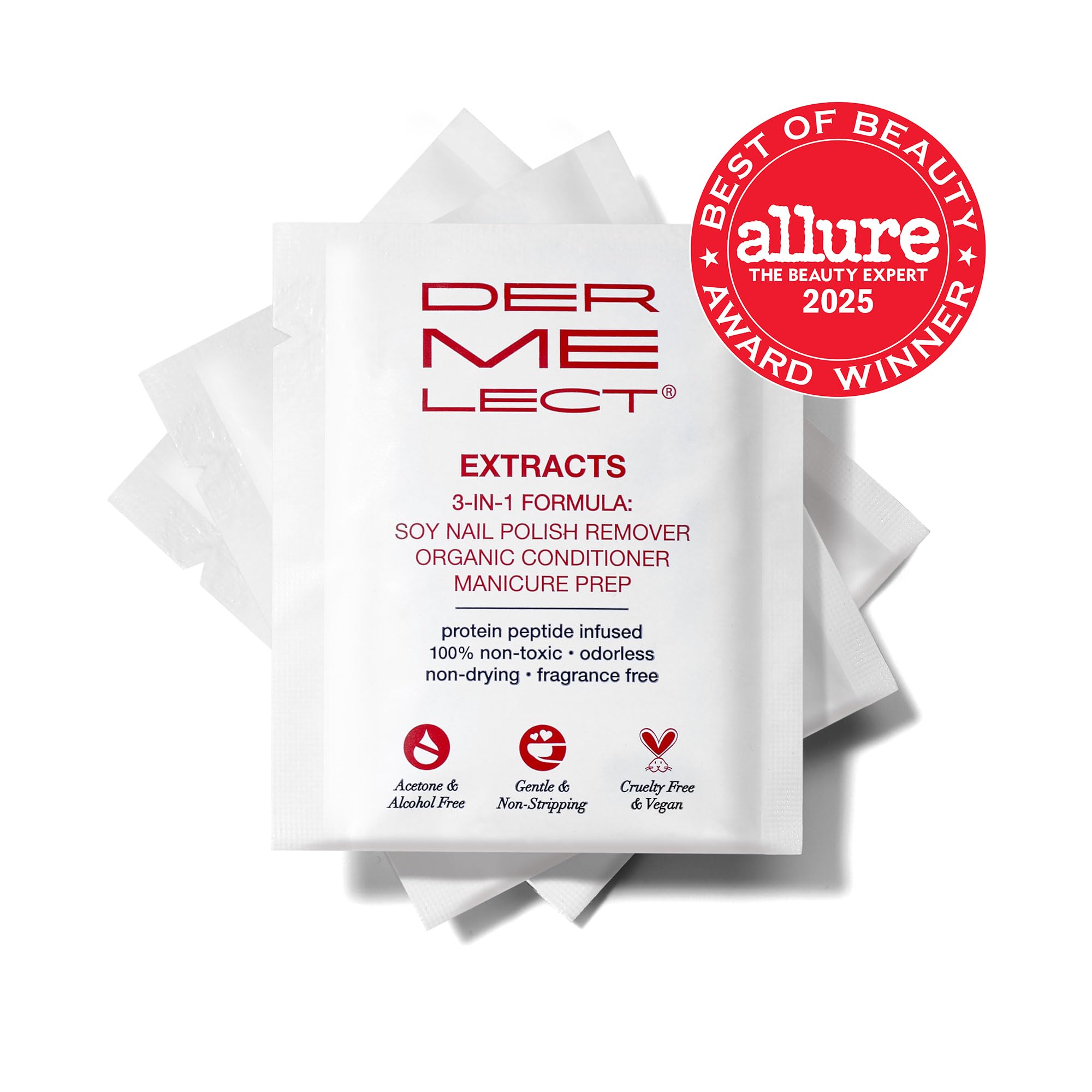 Dermelect soy-based remover wipes gently remove polish without drying.