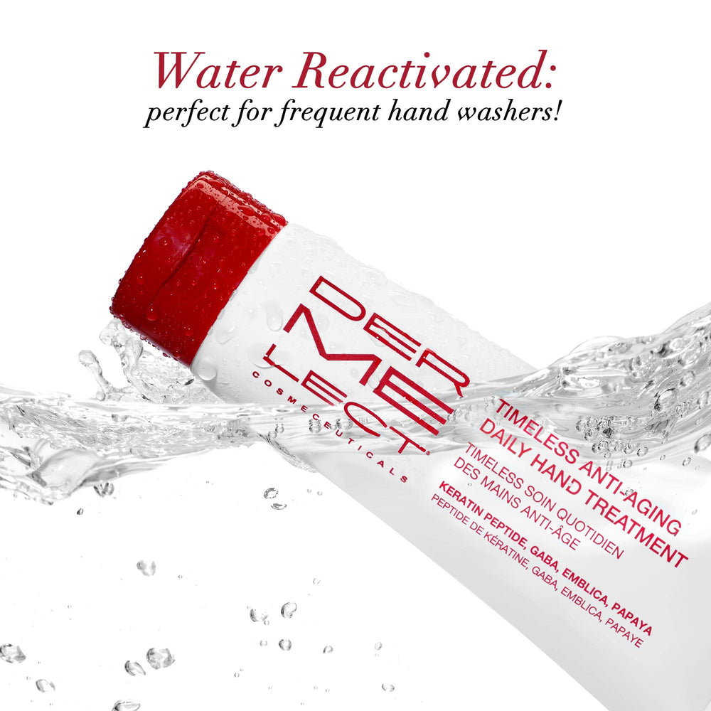 Dermelect Timeless Hand Treatment application on dry hand illustrating fast-absorbing formula