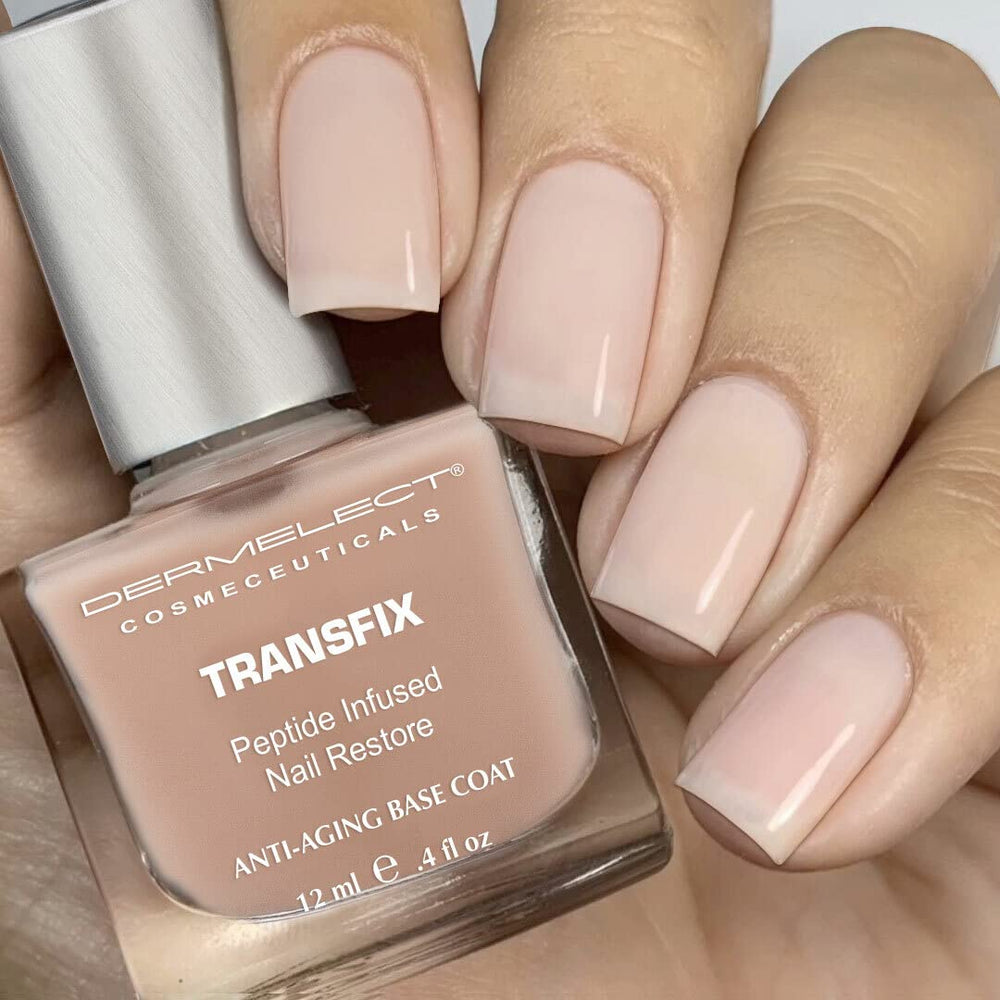 Dermelect Transfix basecoat application shown on nails for a smooth finish.