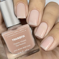 Dermelect Transfix basecoat application shown on nails for a smooth finish.