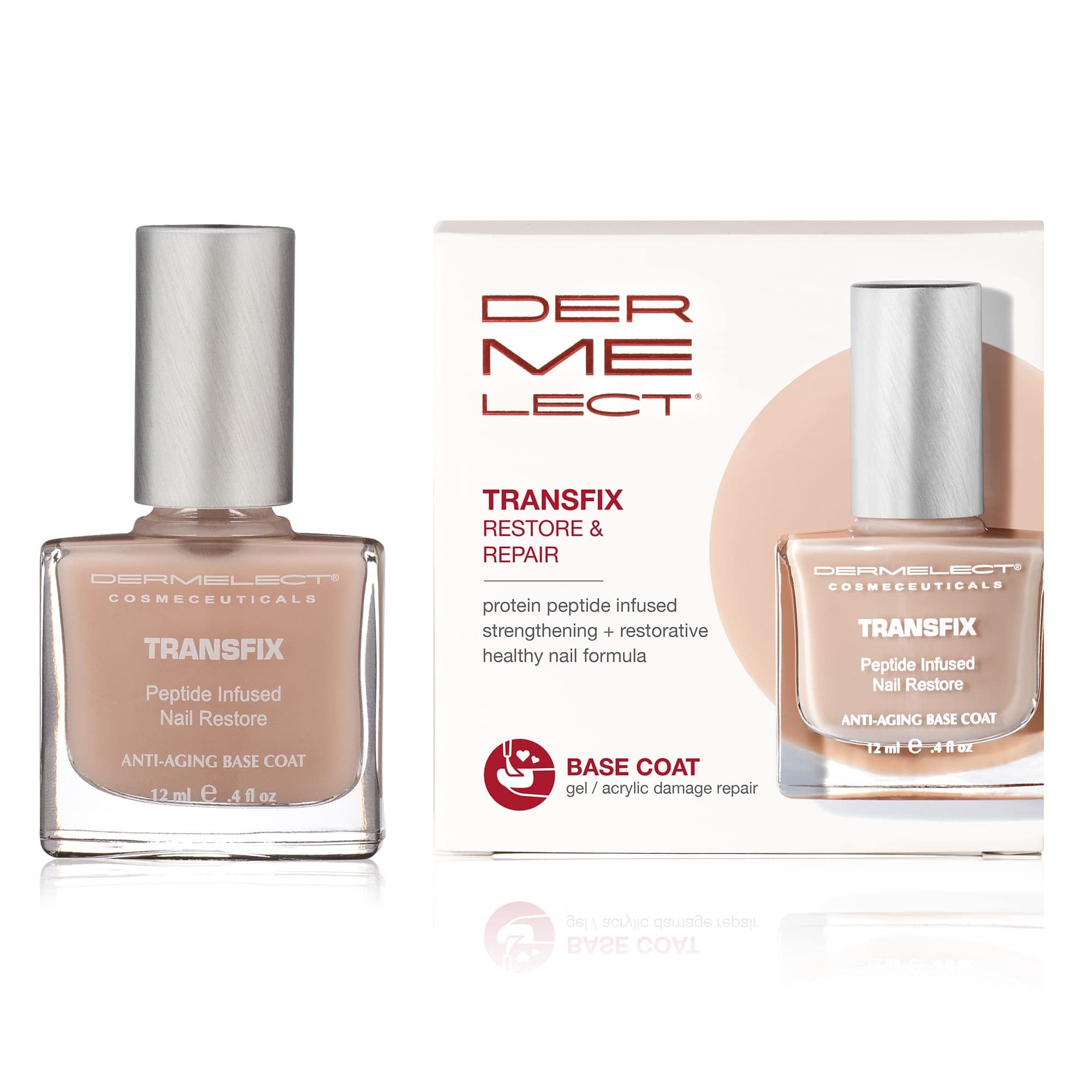 Dermelect Transfix bottle close-up highlighting a strengthening base coat for damaged nails.