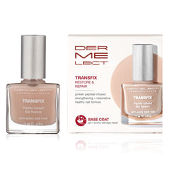 Dermelect Transfix bottle close-up highlighting a strengthening base coat for damaged nails.