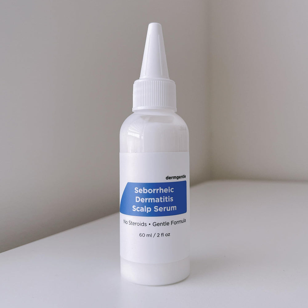 Dermgentle Seborrheic Scalp Serum bottle pour enables quick, targeted scalp care.