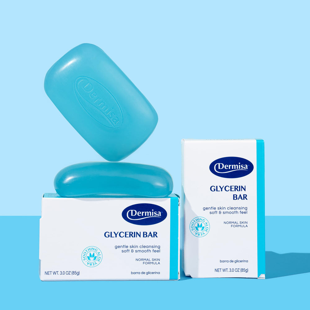 Dermisa glycerin bar shown in a bathroom setup for daily skincare routine.