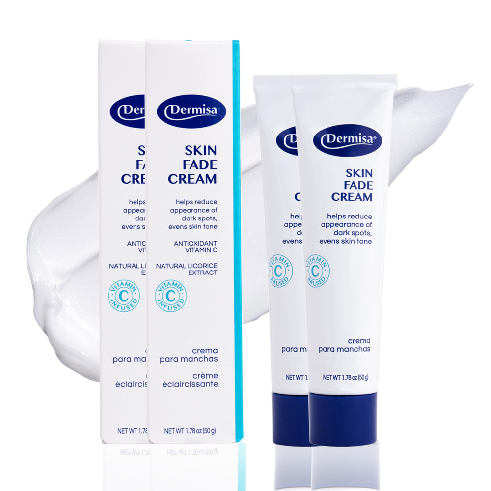 Dermisa Skin Fade Cream bottle shown on vanity for even skin tone support