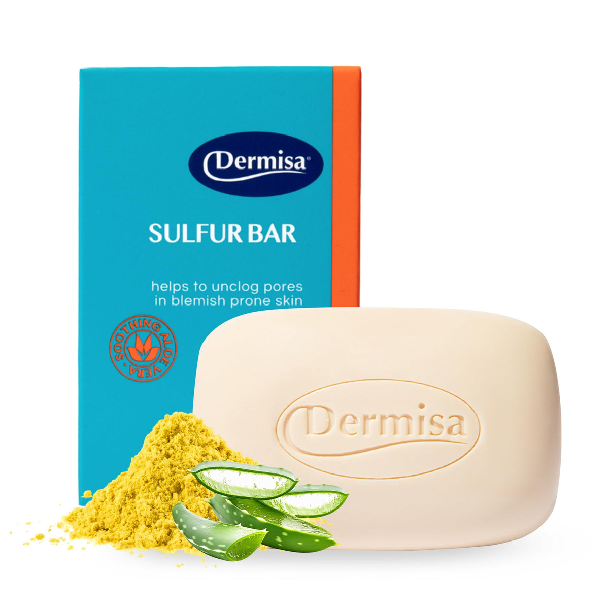 Dermisa sulfur bar with Aloe Vera packshot showing a fragrance-free cleanse for oily skin