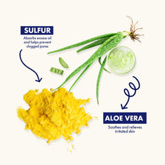 Texture closeup of Dermisa sulfur bar with Aloe Vera illustrating gentle exfoliation