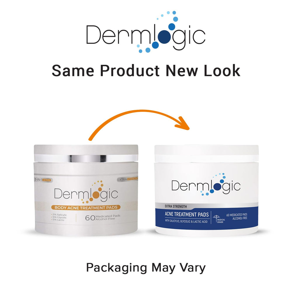 Dermlogic acne pads displayed in bathroom routine setup