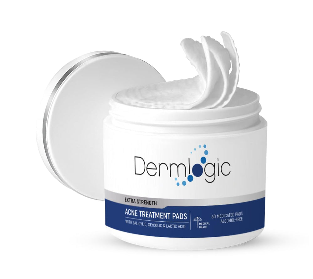 Dermlogic acne pads close-up showing pre-soaked fibers for gentle exfoliation