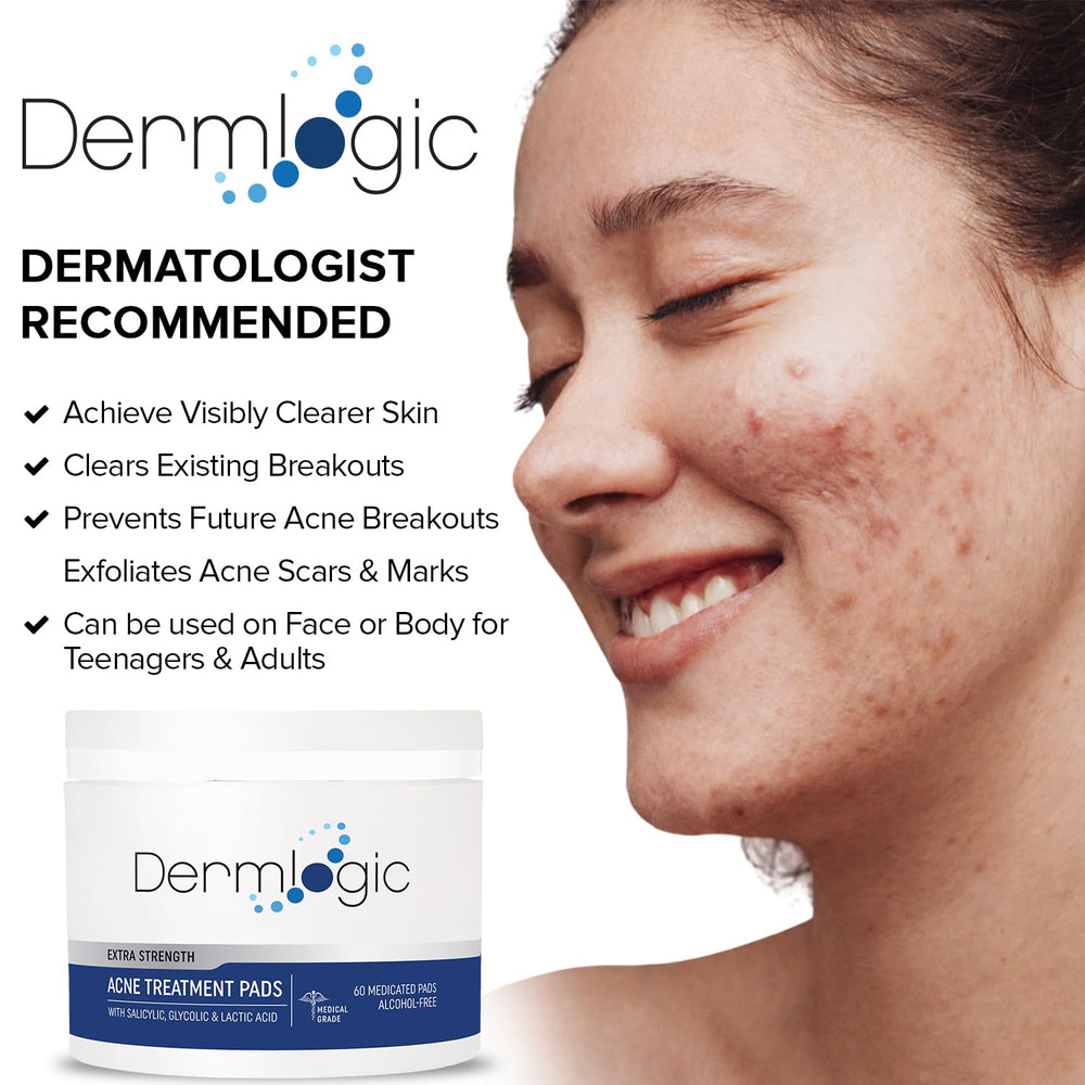 Dermlogic acne pads in use with wipe motion to clear pores